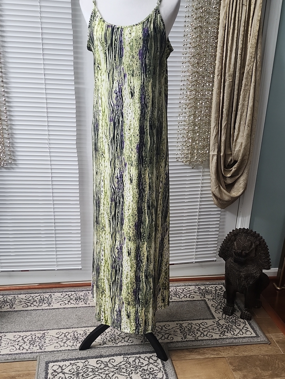 Sleeveless Maxi Slip Dress in Lime Green and Navy Print